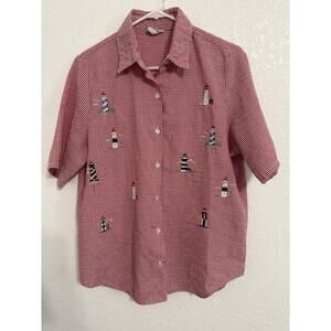 BonWorth Women’s Size M Embroidered Red Gingham Lighthouse Short Sleeve Blouse